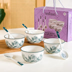 Ceramic Rose Bowl With Spoon Set Of 4 Green White 400ml Nestasia