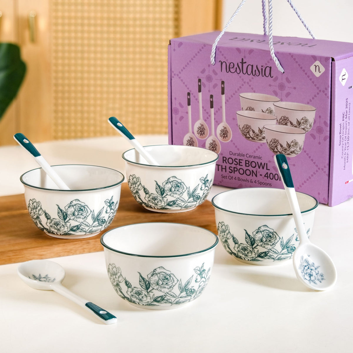 Ceramic Rose Bowl With Spoon Set Of 4 Green White 400ml Nestasia