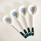 Ceramic Rose Bowl With Spoon Set Of 4 Green White 400ml Nestasia