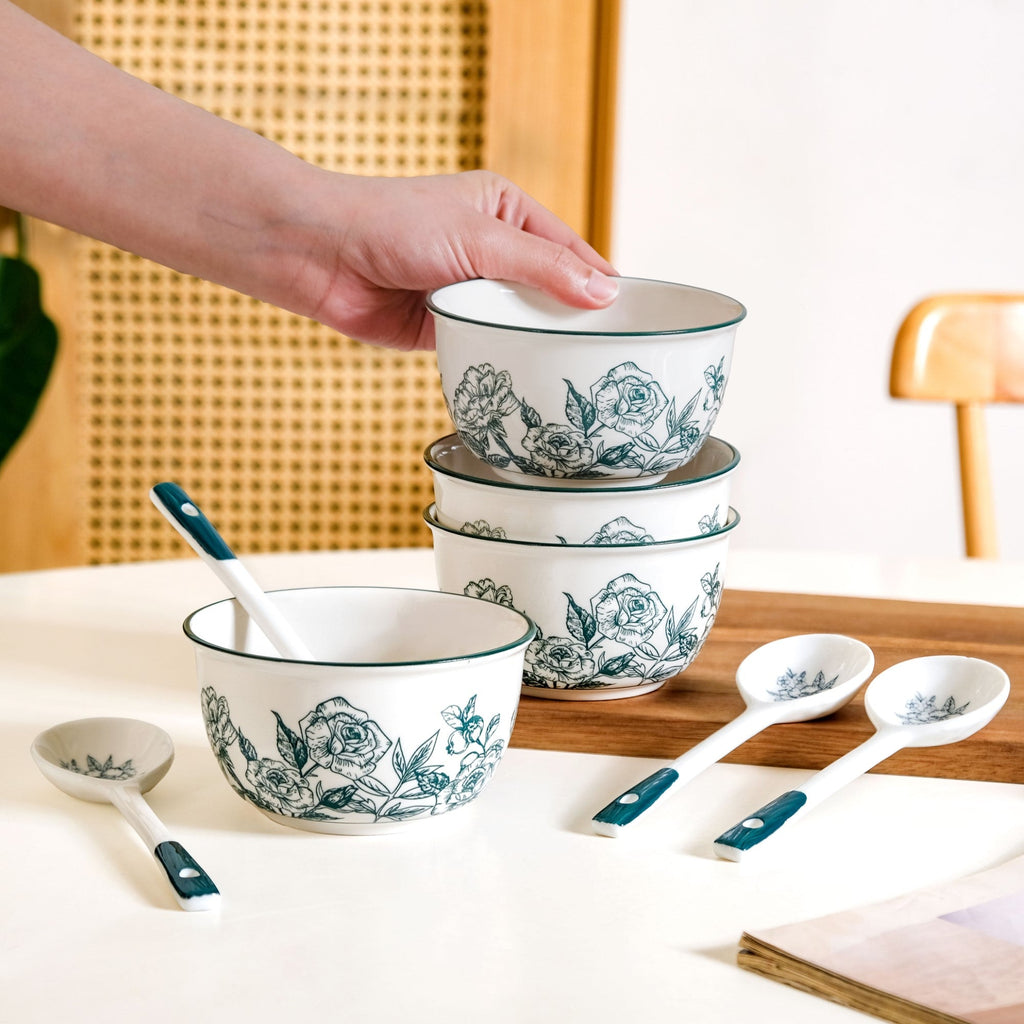 Ceramic Rose Bowl With Spoon Set Of 4 Green White 400ml Nestasia
