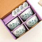 Ceramic Rose Bowl With Spoon Set Of 4 Green White 400ml Nestasia