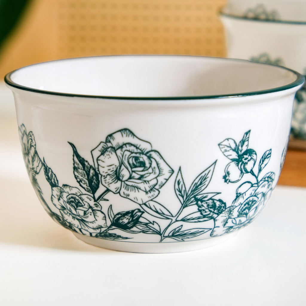 Ceramic Rose Bowl With Spoon Set Of 4 Green White 400ml Nestasia