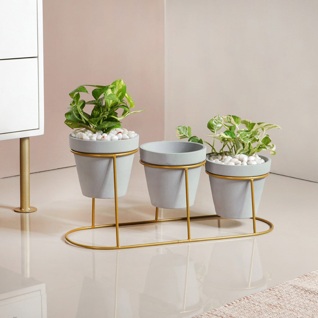 TerraGold Triple Planter With Gold Metal Stand Nestasia