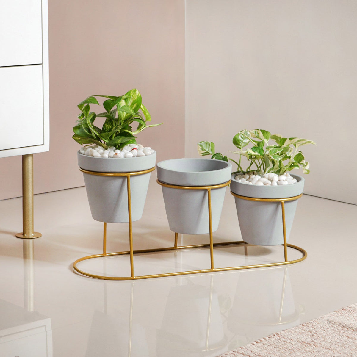 TerraGold Triple Planter With Gold Metal Stand Nestasia