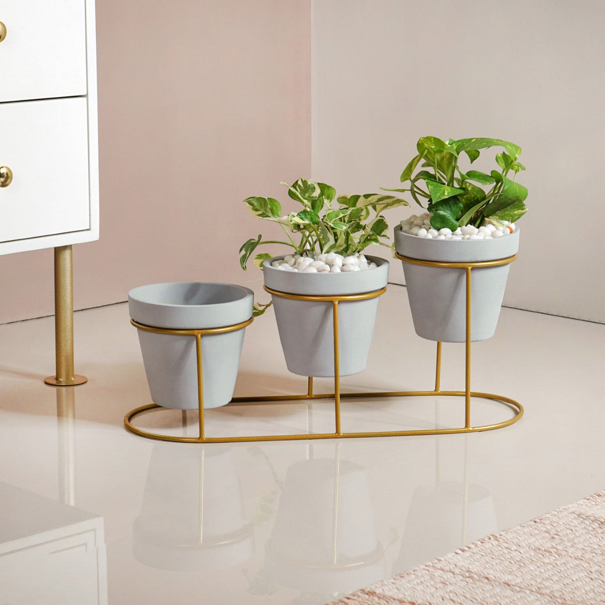 TerraGold Triple Planter With Gold Metal Stand Nestasia