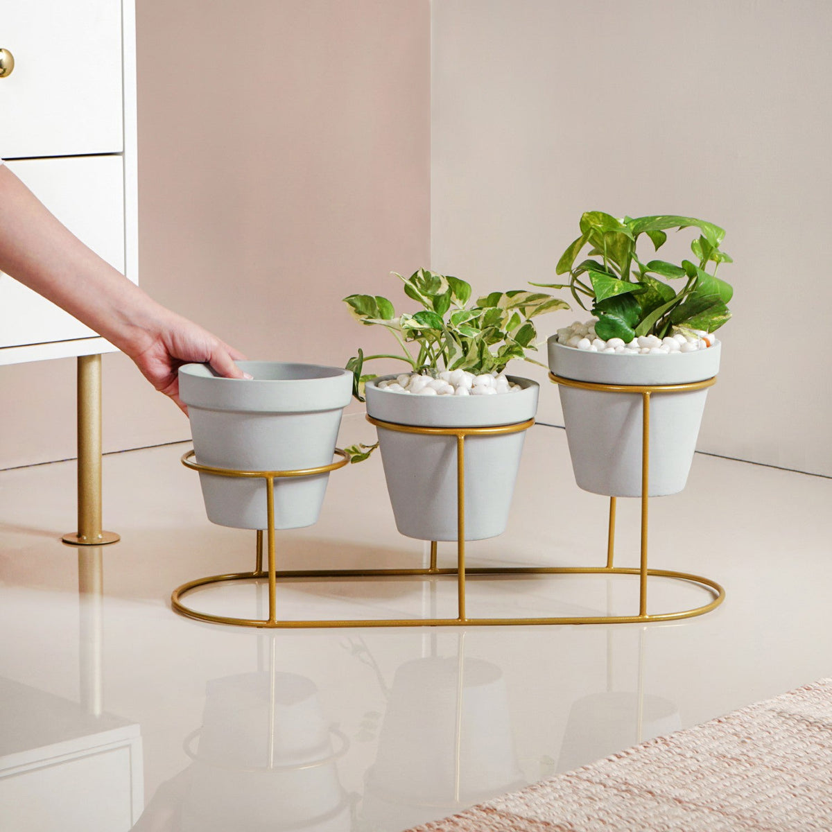 TerraGold Triple Planter With Gold Metal Stand Nestasia
