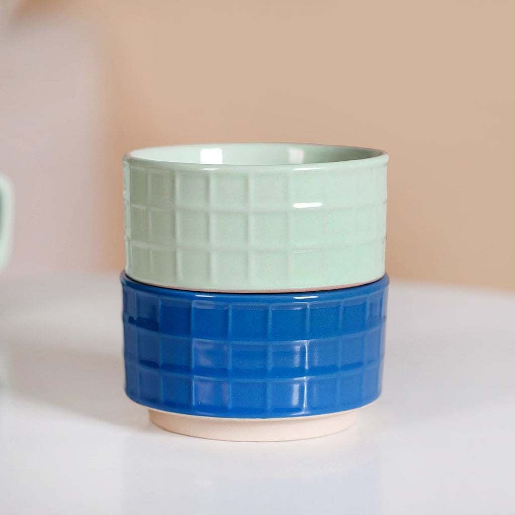 Stackable Pop Colour Ceramic 2 Cup 2 Bowl Set Blue Mint Nestasia