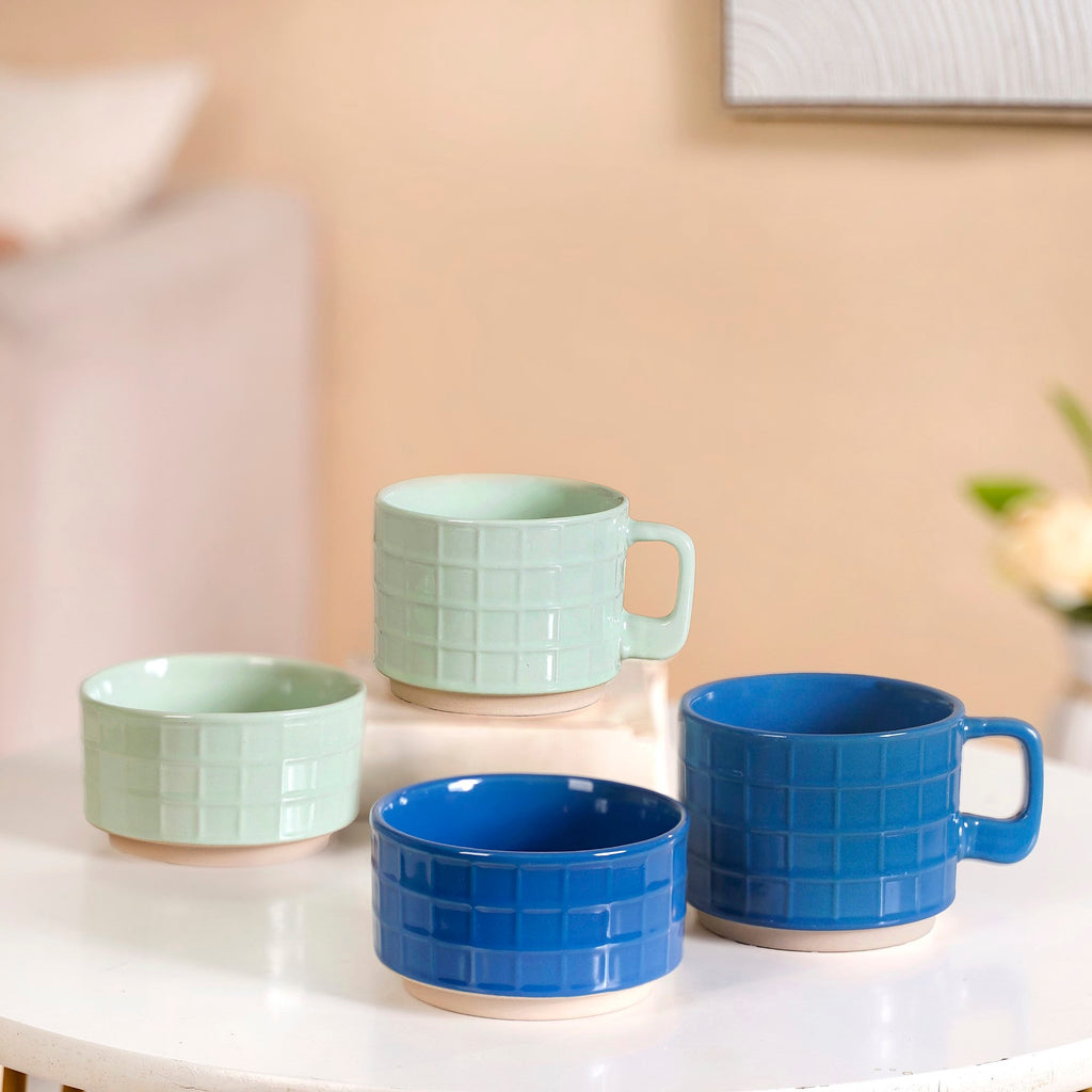 Stackable Pop Colour Ceramic 2 Cup 2 Bowl Set Blue Mint Nestasia