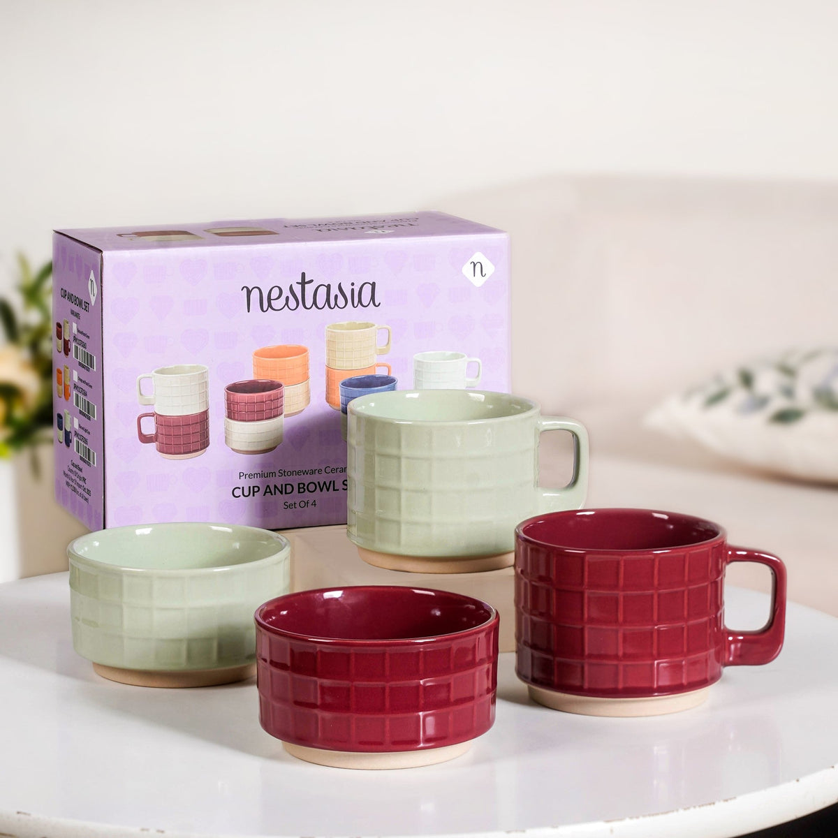 Tartan Stackable Ceramic 2 Cup 2 Bowl Set Mint Maroon Nestasia