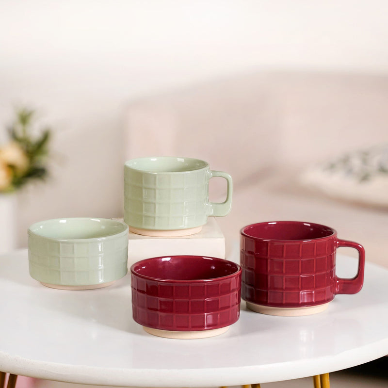 Tartan Stackable Ceramic 2 Cup 2 Bowl Set Mint Maroon Nestasia