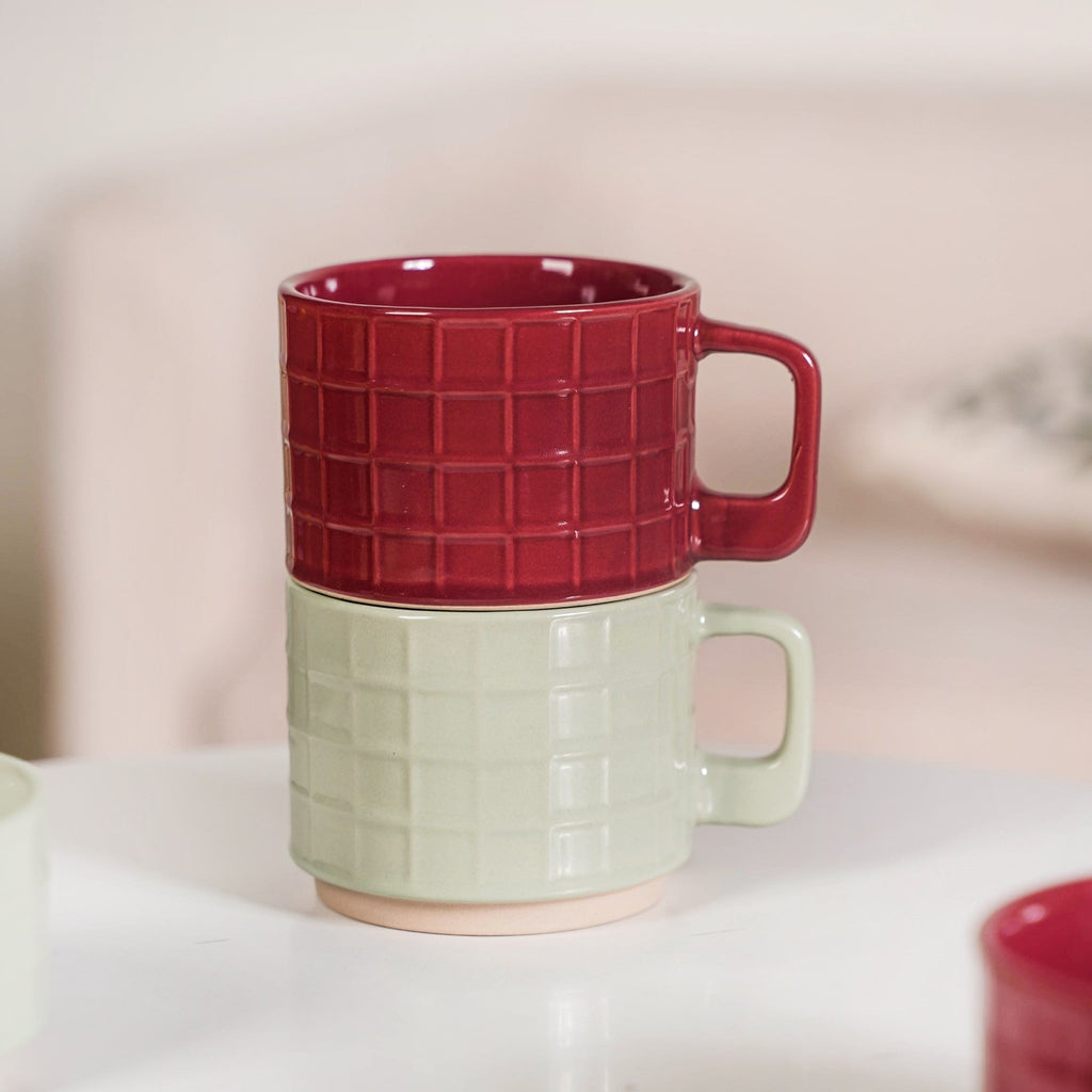 Tartan Stackable Ceramic 2 Cup 2 Bowl Set Mint Maroon Nestasia