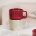 Tartan Stackable Ceramic 2 Cup 2 Bowl Set Mint Maroon Nestasia