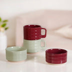 Tartan Stackable Ceramic 2 Cup 2 Bowl Set Mint Maroon Nestasia