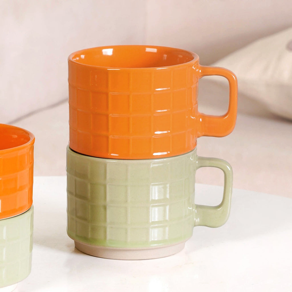 Embossed Stackable 2 Cup 2 Bowl Set Pop Orange Sage Green Nestasia