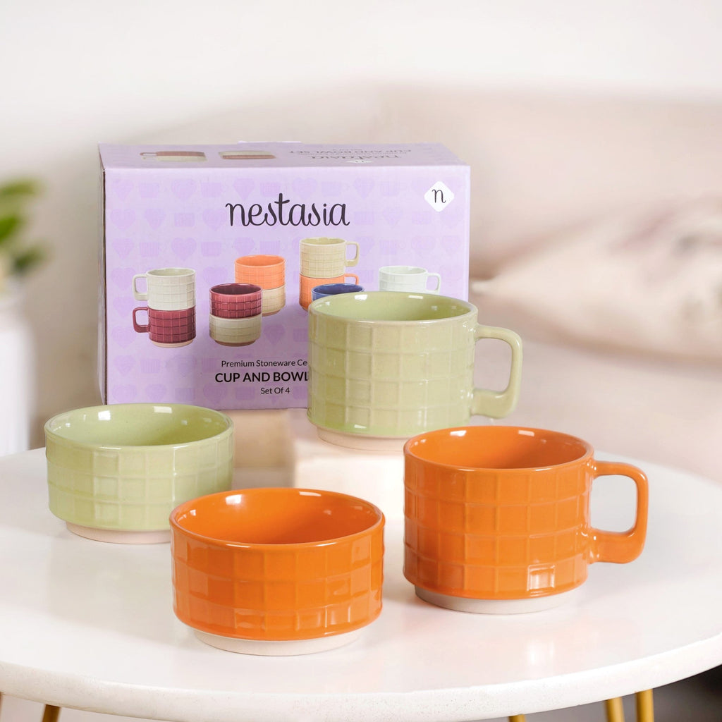 Embossed Stackable 2 Cup 2 Bowl Set Pop Orange Sage Green Nestasia