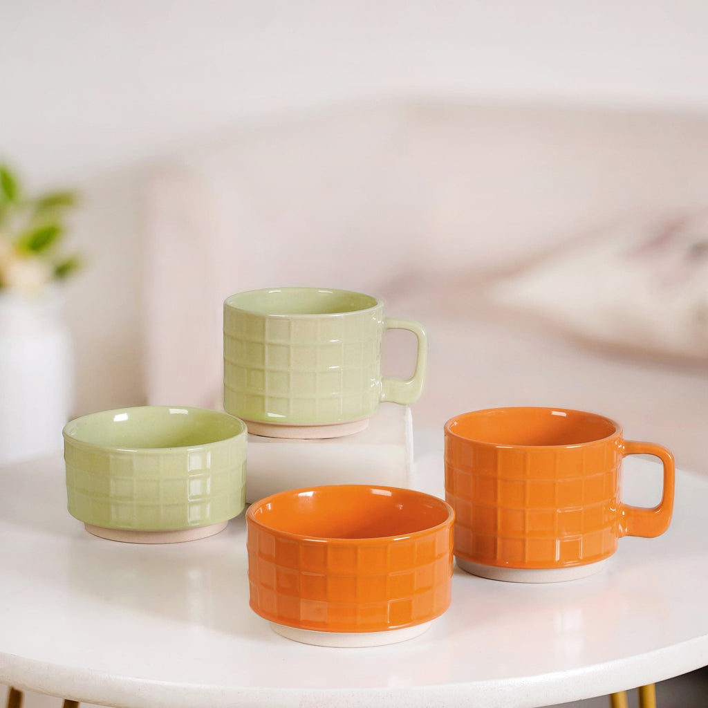 Embossed Stackable 2 Cup 2 Bowl Set Pop Orange Sage Green Nestasia