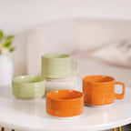 Embossed Stackable 2 Cup 2 Bowl Set Pop Orange Sage Green Nestasia