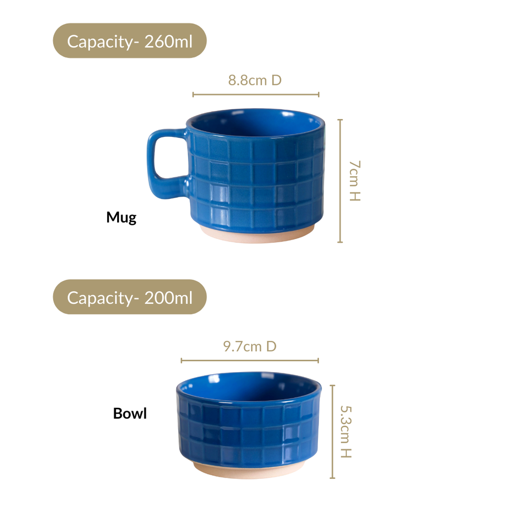 Stackable Pop Colour Ceramic 2 Cup 2 Bowl Set Blue Mint Nestasia