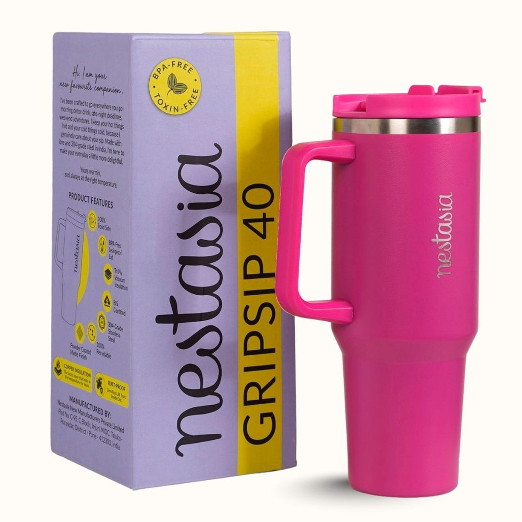 GripSip 40 Insulated Tumbler Bottle With Side Handle Electric Fuchsia Pink 1200ml Nestasia