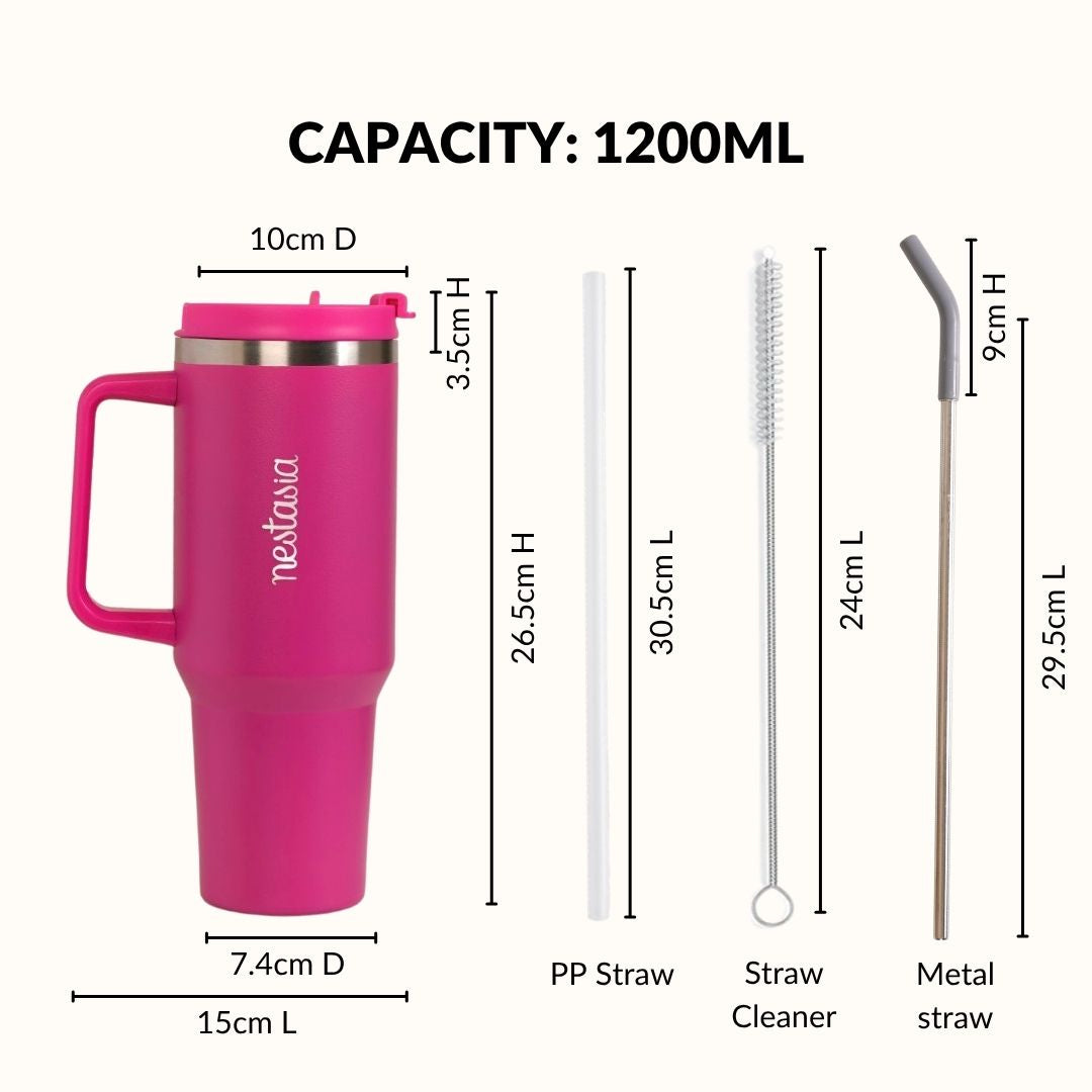 GripSip 40 Insulated Tumbler Bottle With Side Handle Electric Fuchsia Pink 1200ml Nestasia