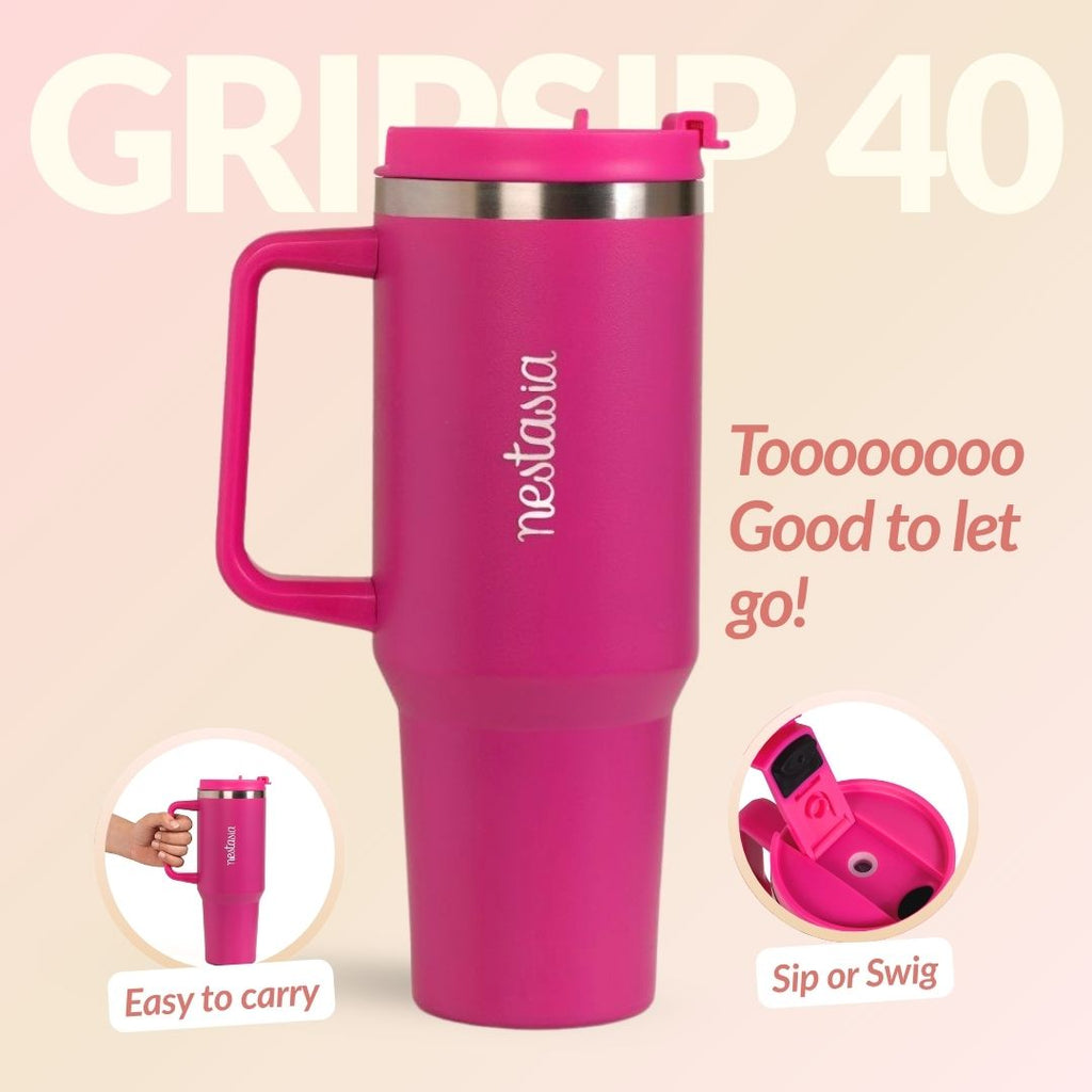 GripSip 40 Insulated Tumbler Bottle With Side Handle Electric Fuchsia Pink 1200ml Nestasia