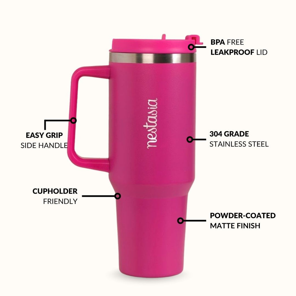 GripSip 40 Insulated Tumbler Bottle With Side Handle Electric Fuchsia Pink 1200ml Nestasia