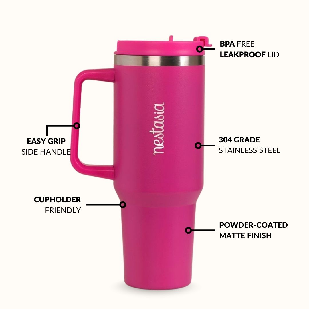 GripSip 40 Insulated Tumbler Bottle With Side Handle Electric Fuchsia Pink 1200ml Nestasia