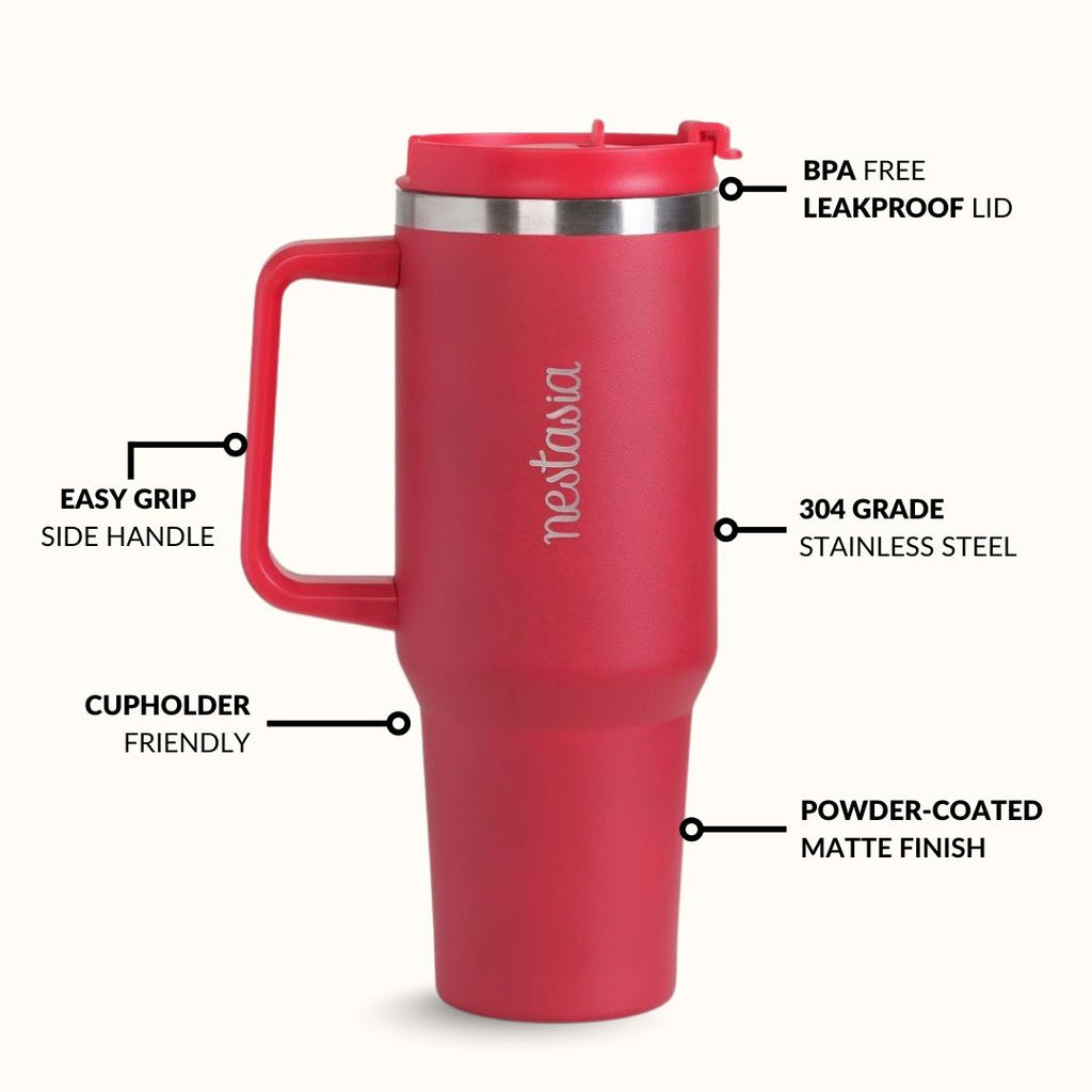 GripSip 40 Insulated Tumbler Bottle With Side Handle Rich Crimson Red 1200ml Nestasia