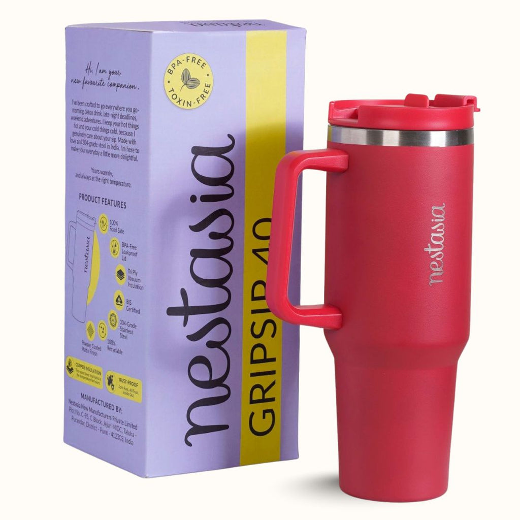 GripSip 40 Insulated Tumbler Bottle With Side Handle Rich Crimson Red 1200ml Nestasia