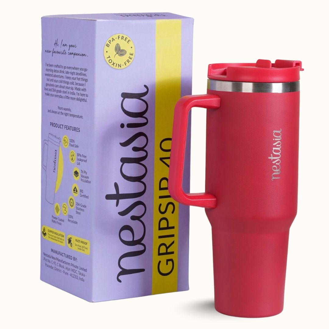 GripSip 40 Insulated Tumbler Bottle With Side Handle Rich Crimson Red 1200ml Nestasia
