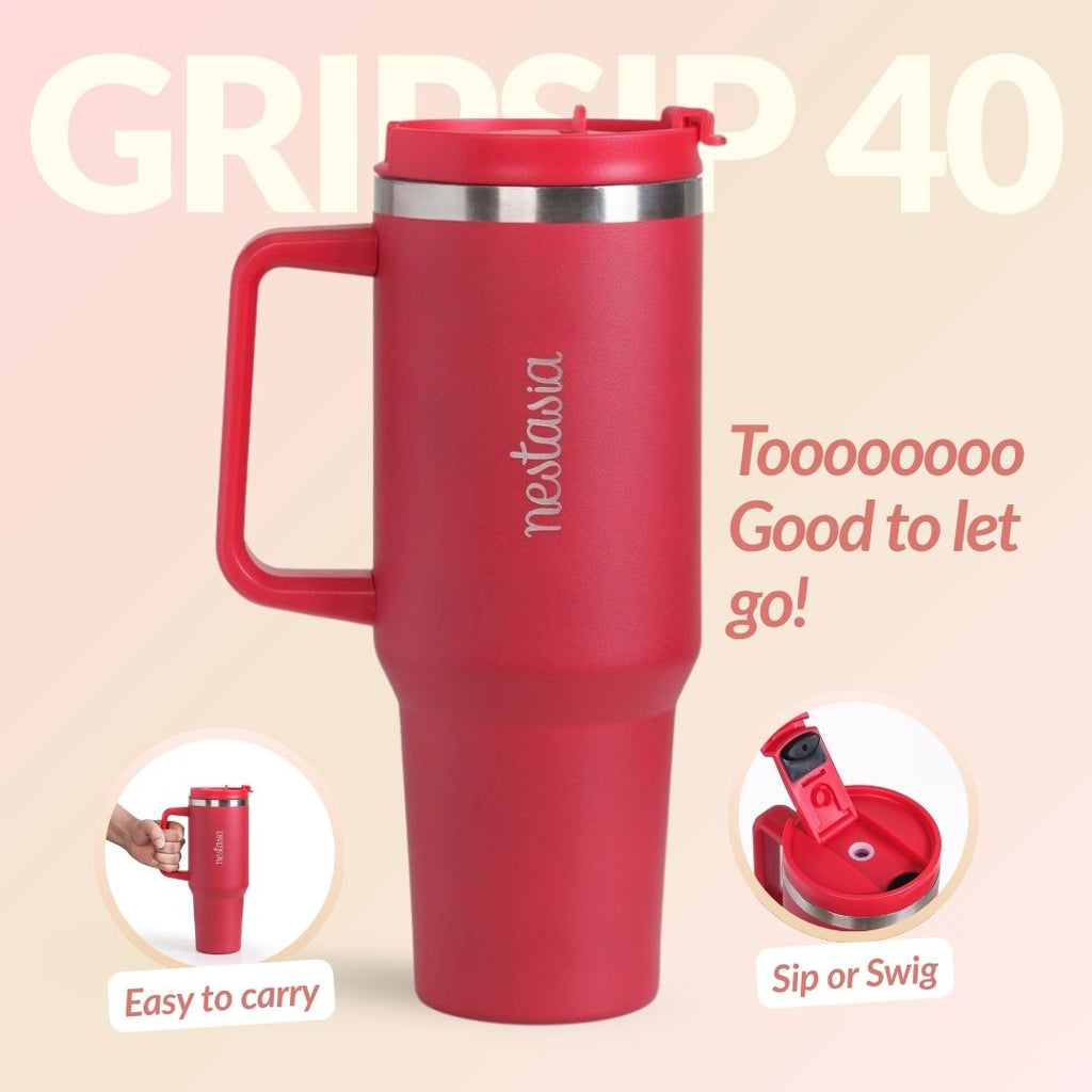 GripSip 40 Insulated Tumbler Bottle With Side Handle Rich Crimson Red 1200ml Nestasia