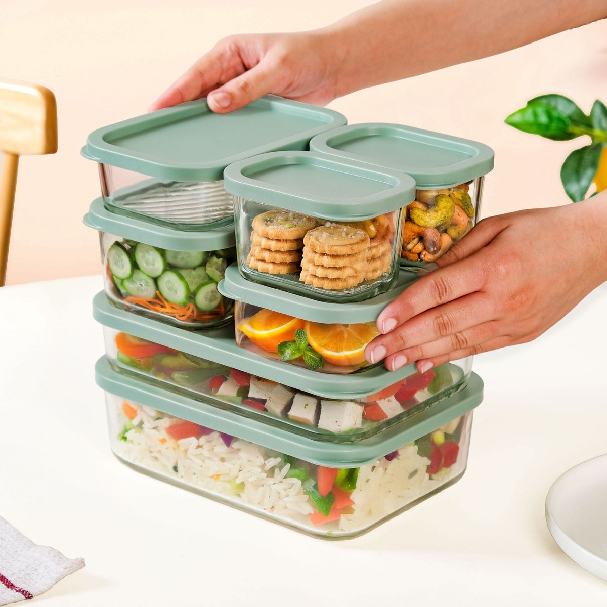 Groovo Stack On Storage Container Sage Green Set Of 7 S 310ml M 520ml L 750ml XL 1200ml XXL 1700ml Nestasia
