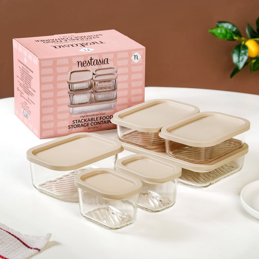 Groovo Stackable Glass Food Storage Container Set Of 6 S 310ml M 520ml L 750ml XL 1200ml Nestasia