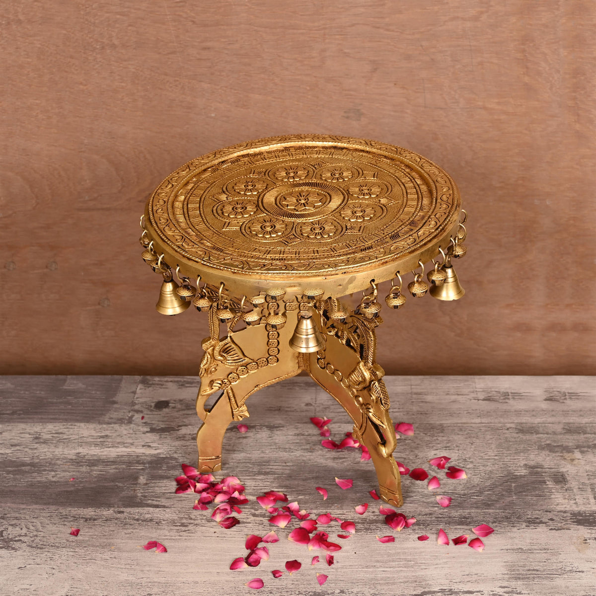 Brass Stool With Hanging Bells (12 Inch) Vedansh Craft