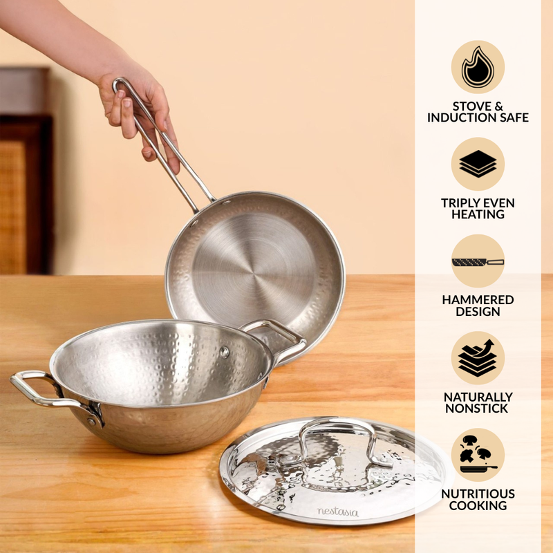 Triply Hammered Stainless Steel Cookware Set With Frying Pan And Kadai With Lid Nestasia