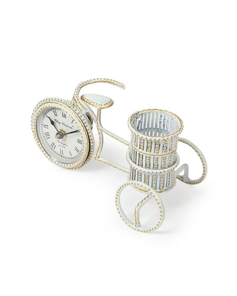 Decorative Metal Table Clock with Pen Holder for Home and Office