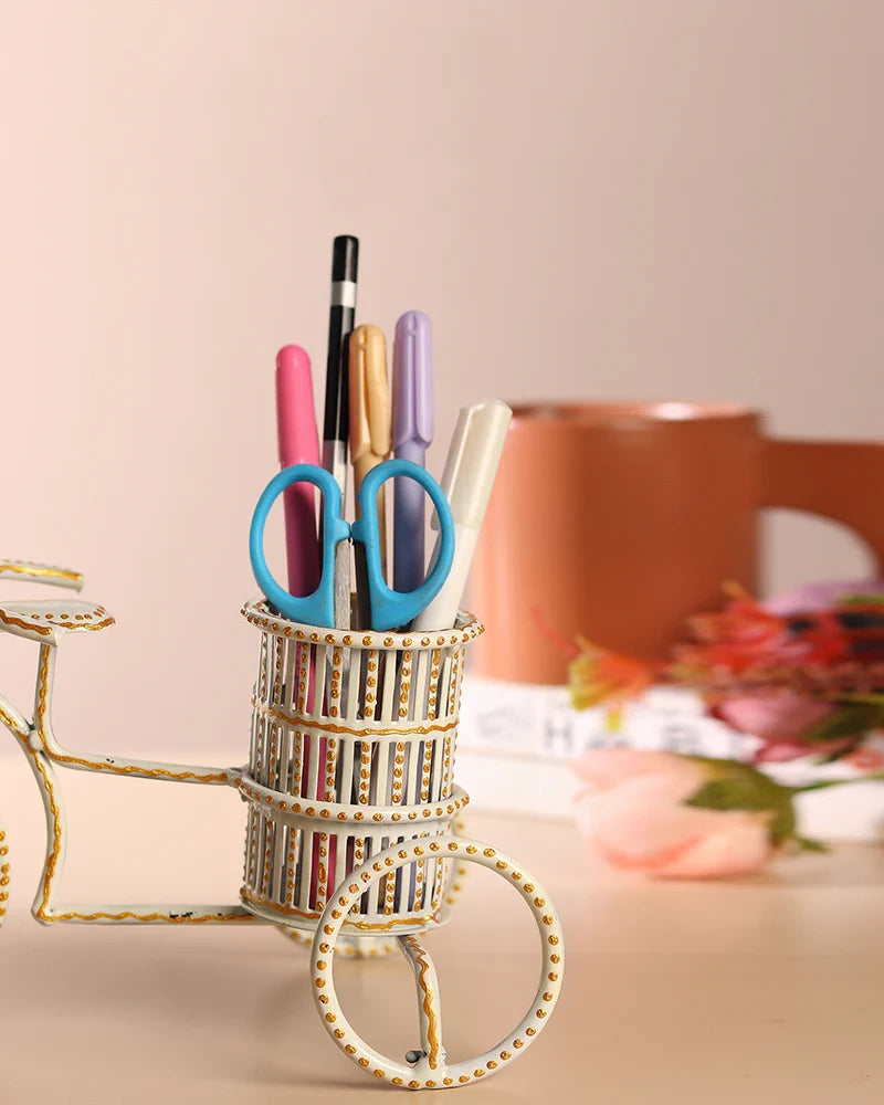 Decorative Metal Table Clock with Pen Holder for Home and Office