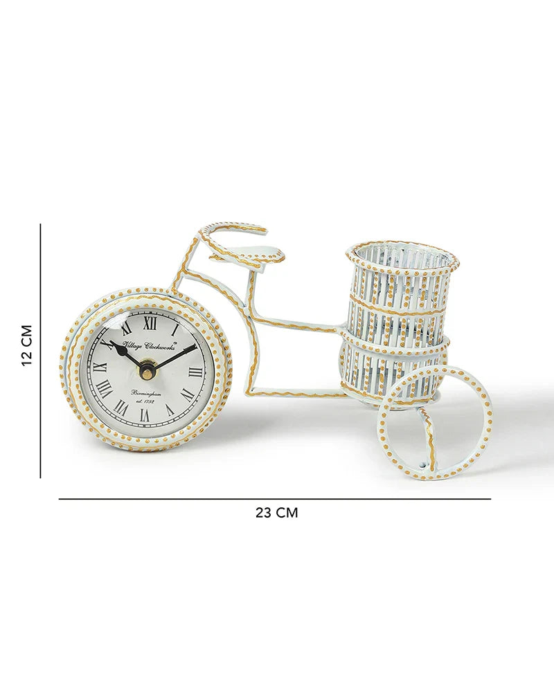 Decorative Metal Table Clock with Pen Holder for Home and Office