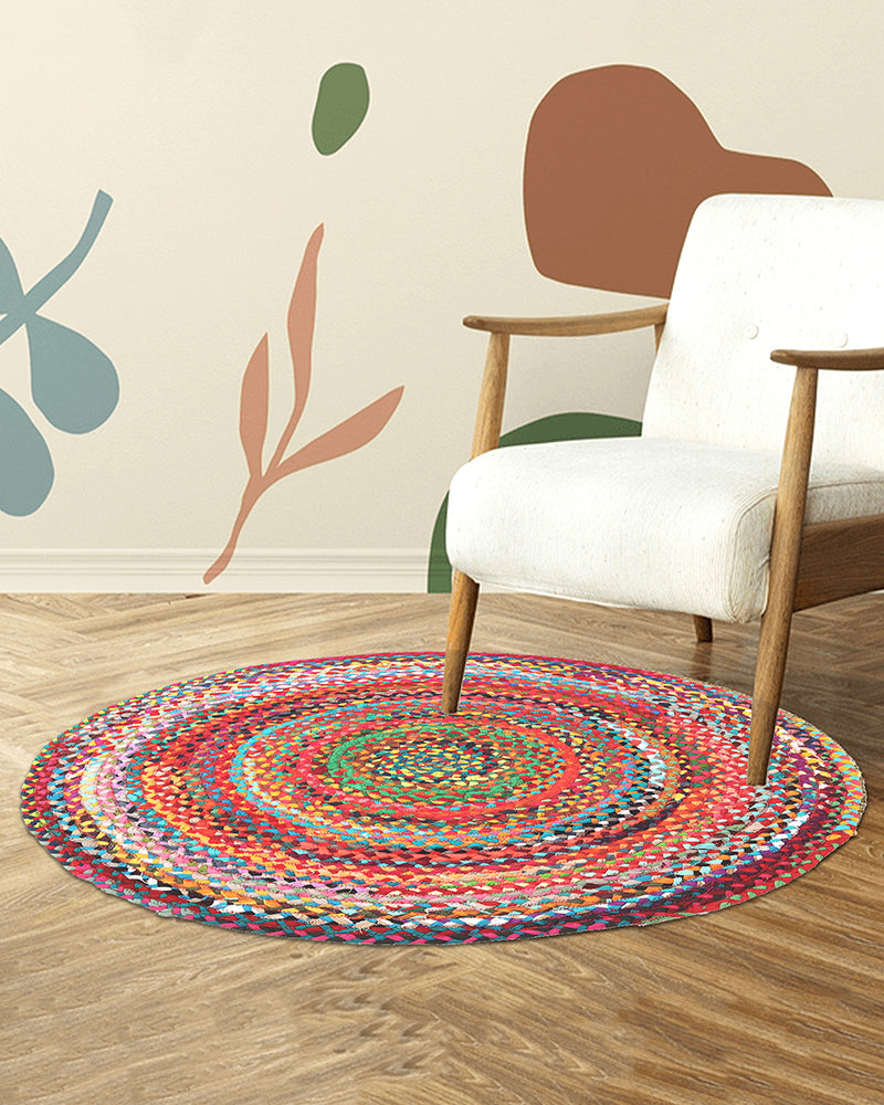 Handwoven Multicolor Round Jute Carpet For Dining Area