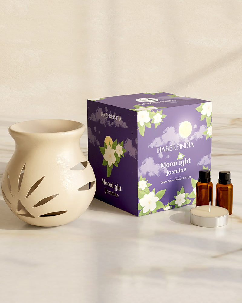 Ceramic Aroma Oil Diffuser Set with 10ml Jasmine Essential Oil & Tea Light Candle
