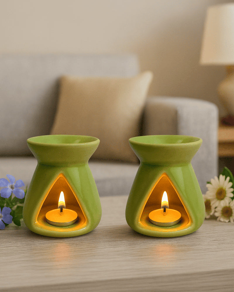 Ceramic Aroma Oil Diffuser Set of 2 with 2 Jasmine Essential Oils (10ml Each) & 2 Tea Light Candles