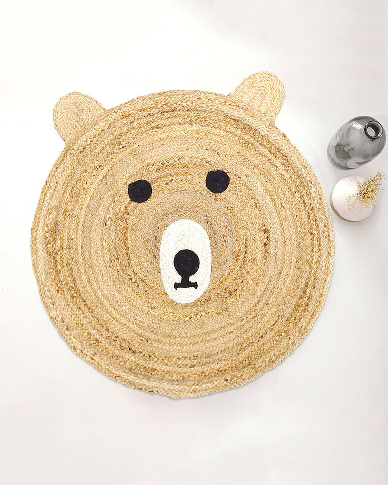 Handmade Teddy Bear Design Beige Round Jute Carpet For Bedroom