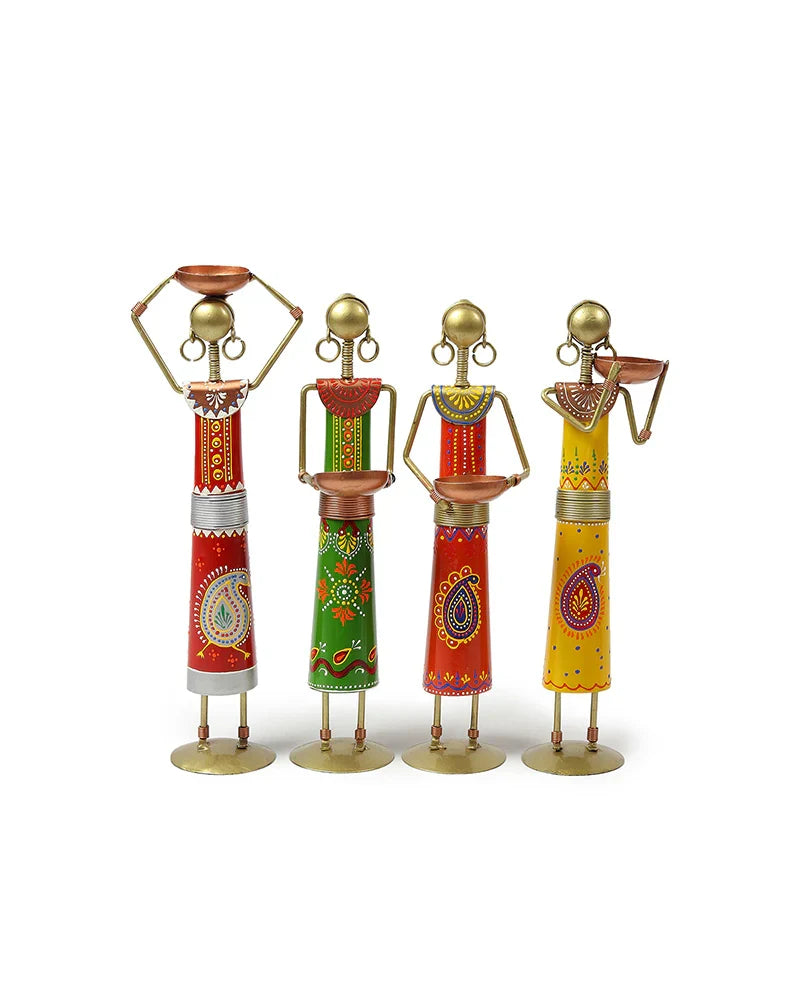 Set of 4 Metal African Tribal Tealight Holders for Decorative Home and Pooja Room