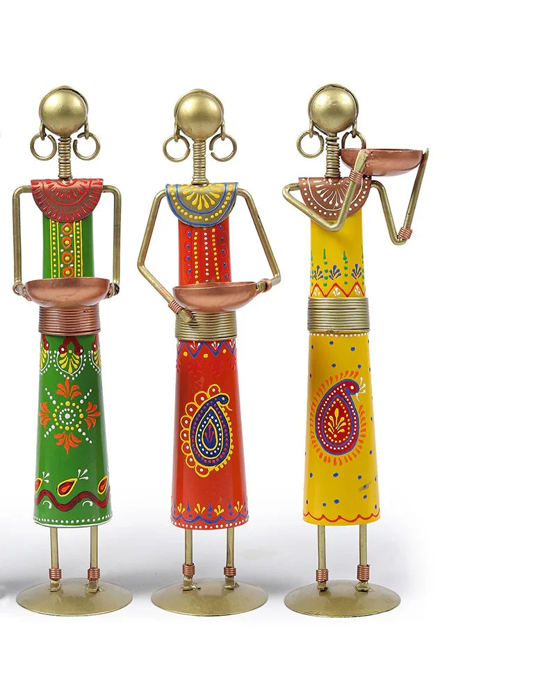Set of 4 Metal African Tribal Tealight Holders for Decorative Home and Pooja Room