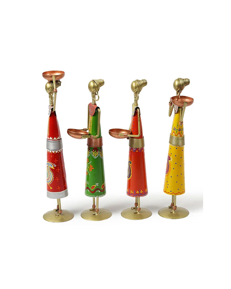 Set of 4 Metal African Tribal Tealight Holders for Decorative Home and Pooja Room