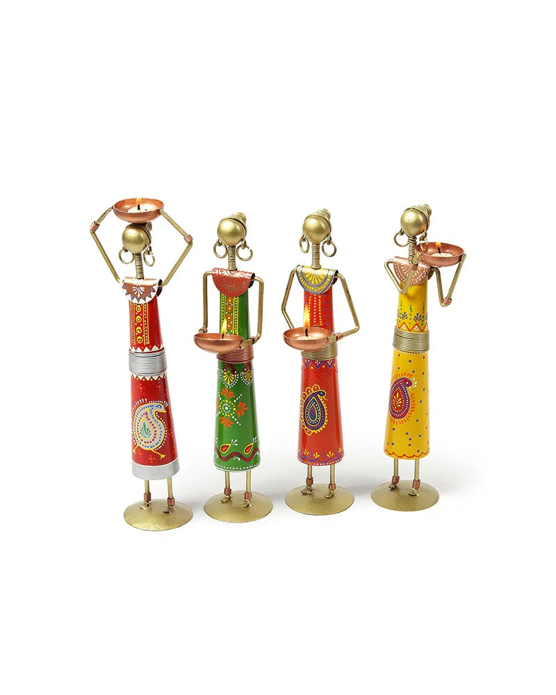 Set of 4 Metal African Tribal Tealight Holders for Decorative Home and Pooja Room