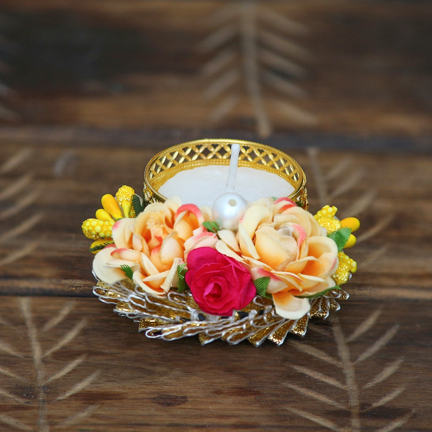 Floral and Stone Work Design Handcrafted Tea Light Holder Kafalo