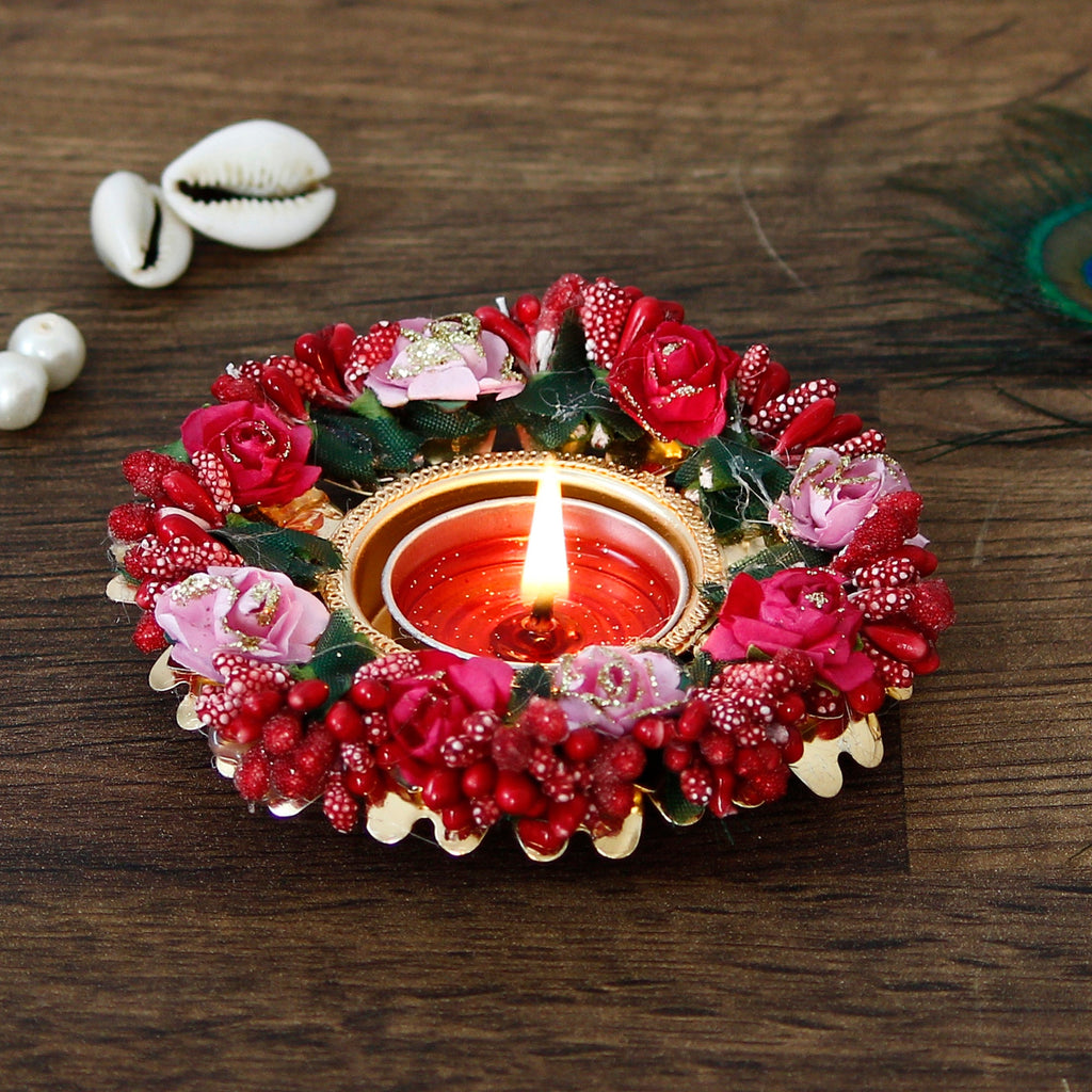 Decorative Handcrafted Red and Pink Floral Tea Light Holder Kafalo