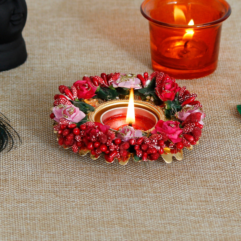 Decorative Handcrafted Red and Pink Floral Tea Light Holder Kafalo