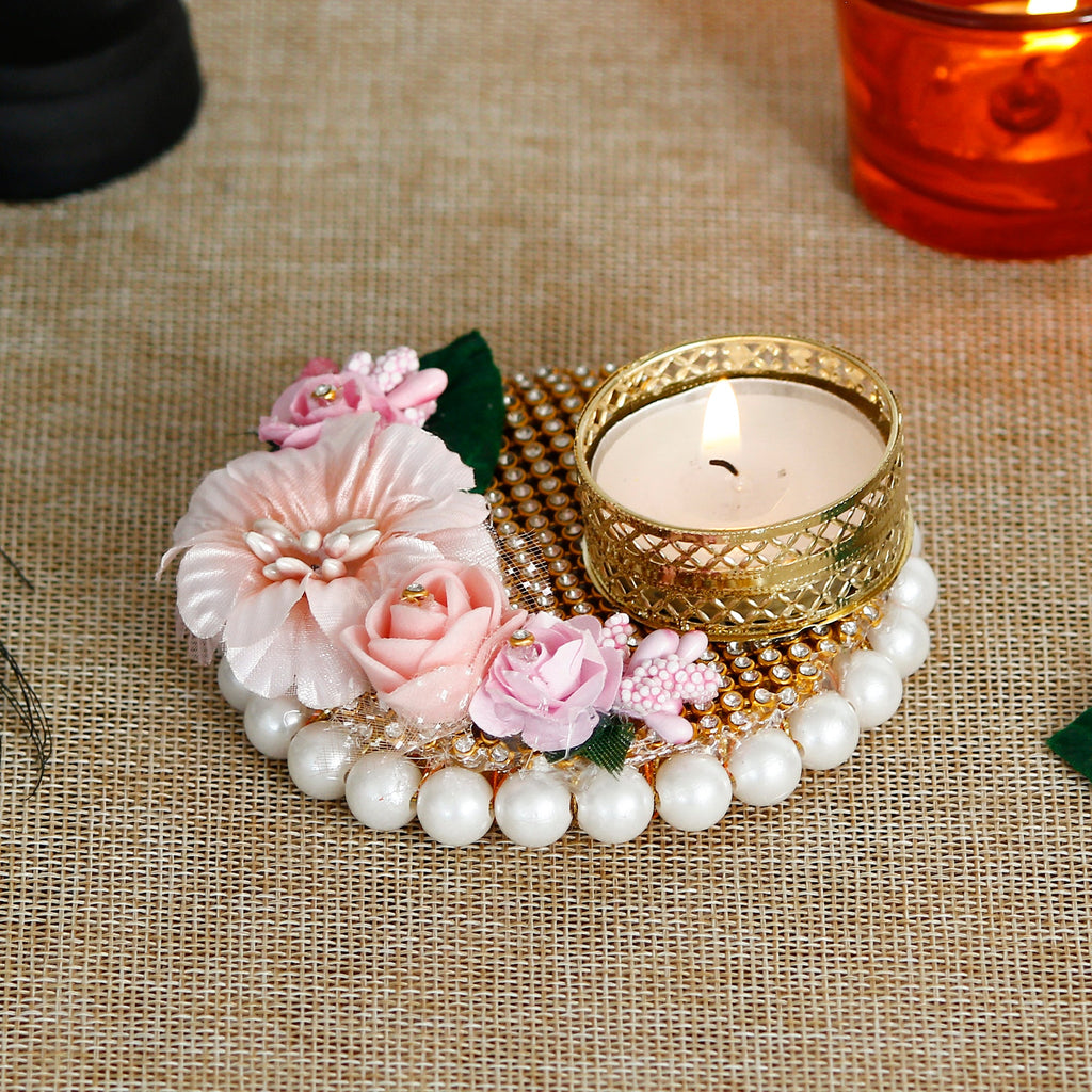 Decorative Handcrafted Pink Floral Tea Light Holder Kafalo